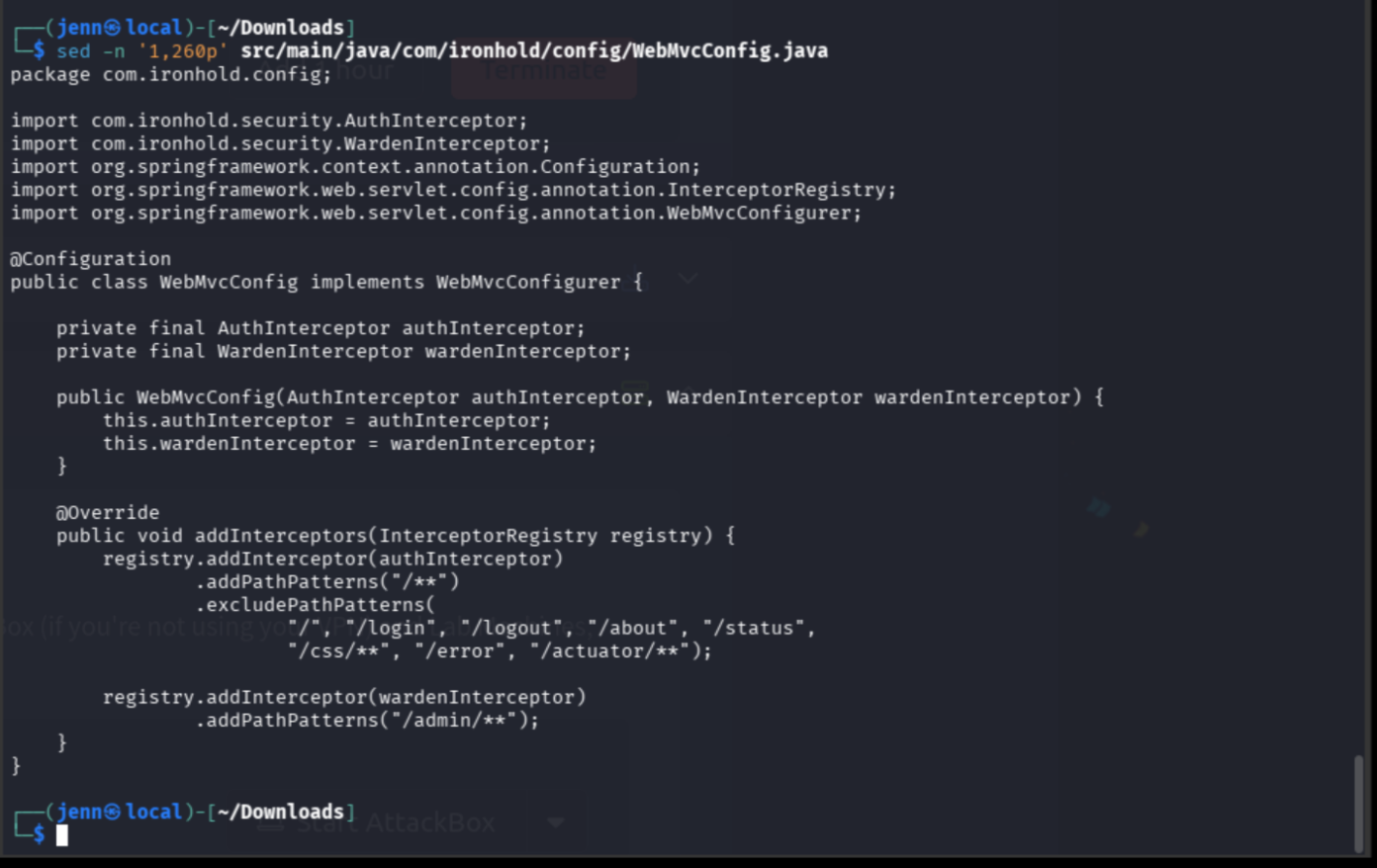 WebMvcConfig.java registering WardenInterceptor on /admin/** paths